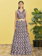 Navy Blue & Lavender Embroidered Lehenga Choli with Dupatta