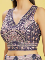 Navy Blue & Lavender Embroidered Lehenga Choli with Dupatta