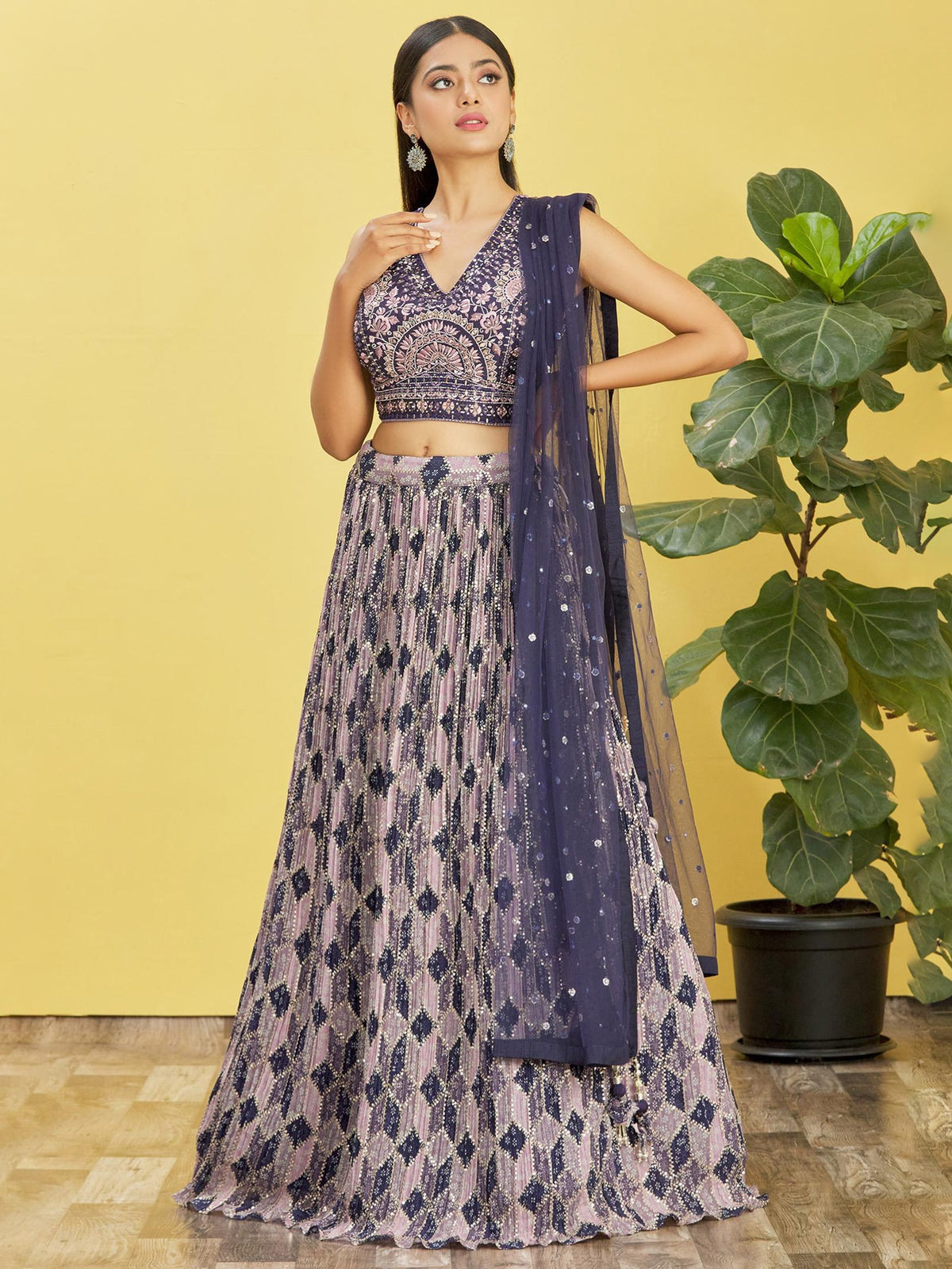 Navy Blue & Lavender Embroidered Lehenga Choli with Dupatta
