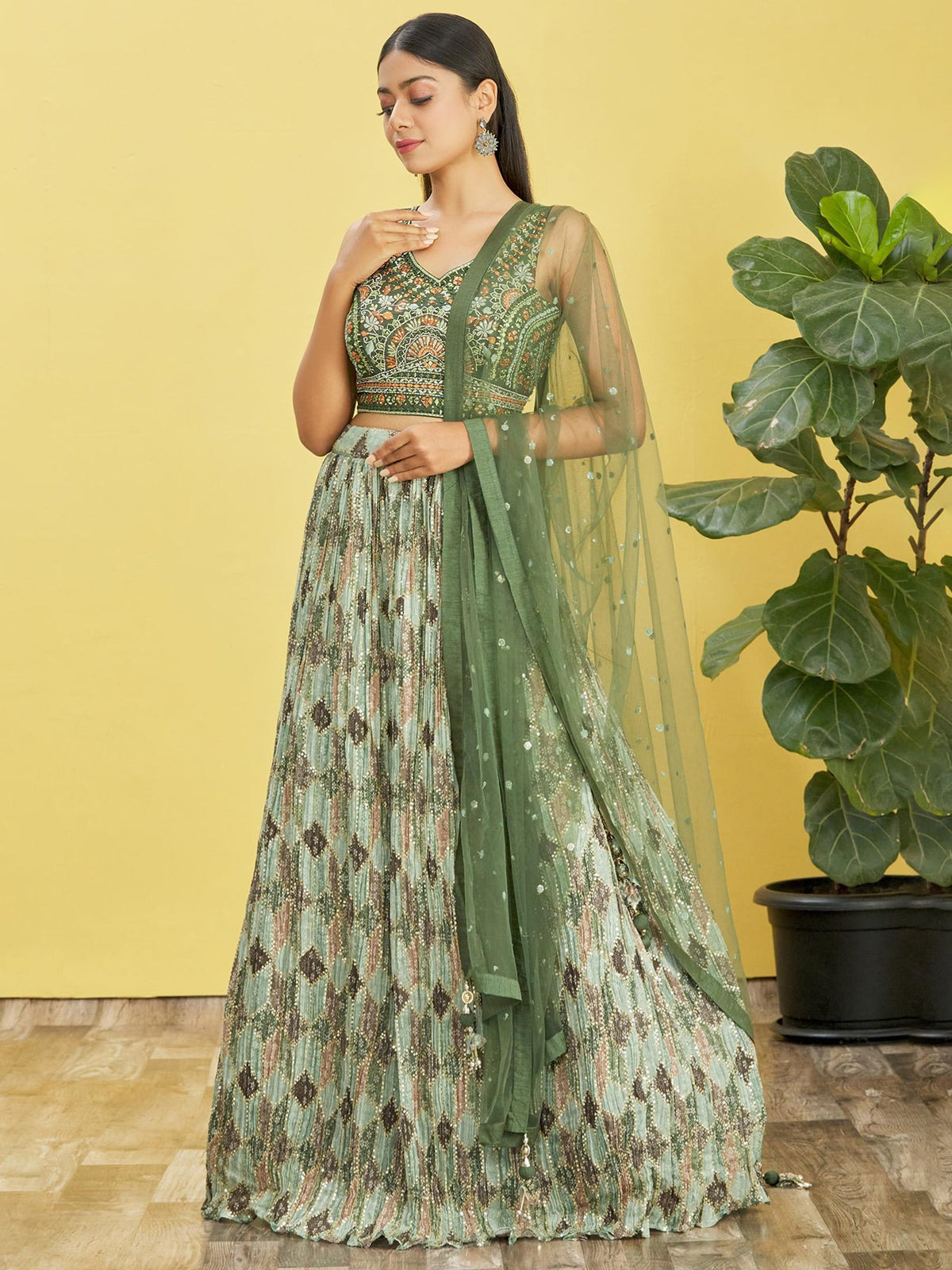 Sage Green Embroidered Lehenga Choli with Dupatta