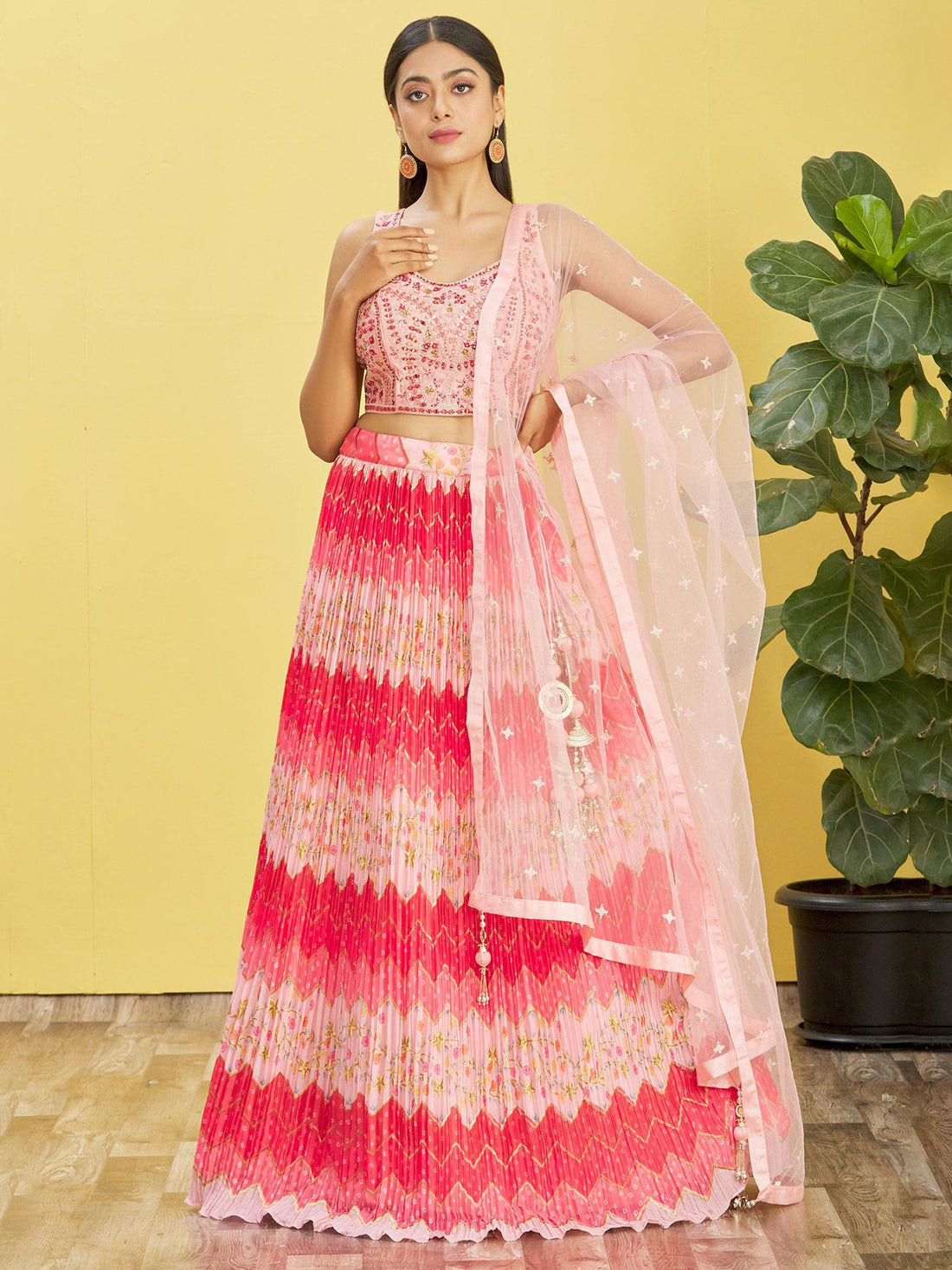 Pink & Coral Printed Lehenga Choli with Sheer Dupatta
