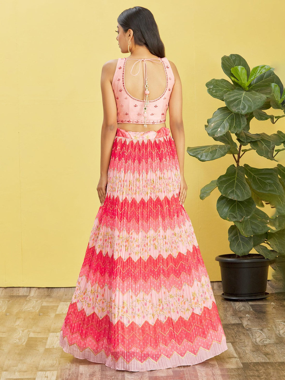 Pink & Coral Printed Lehenga Choli with Sheer Dupatta