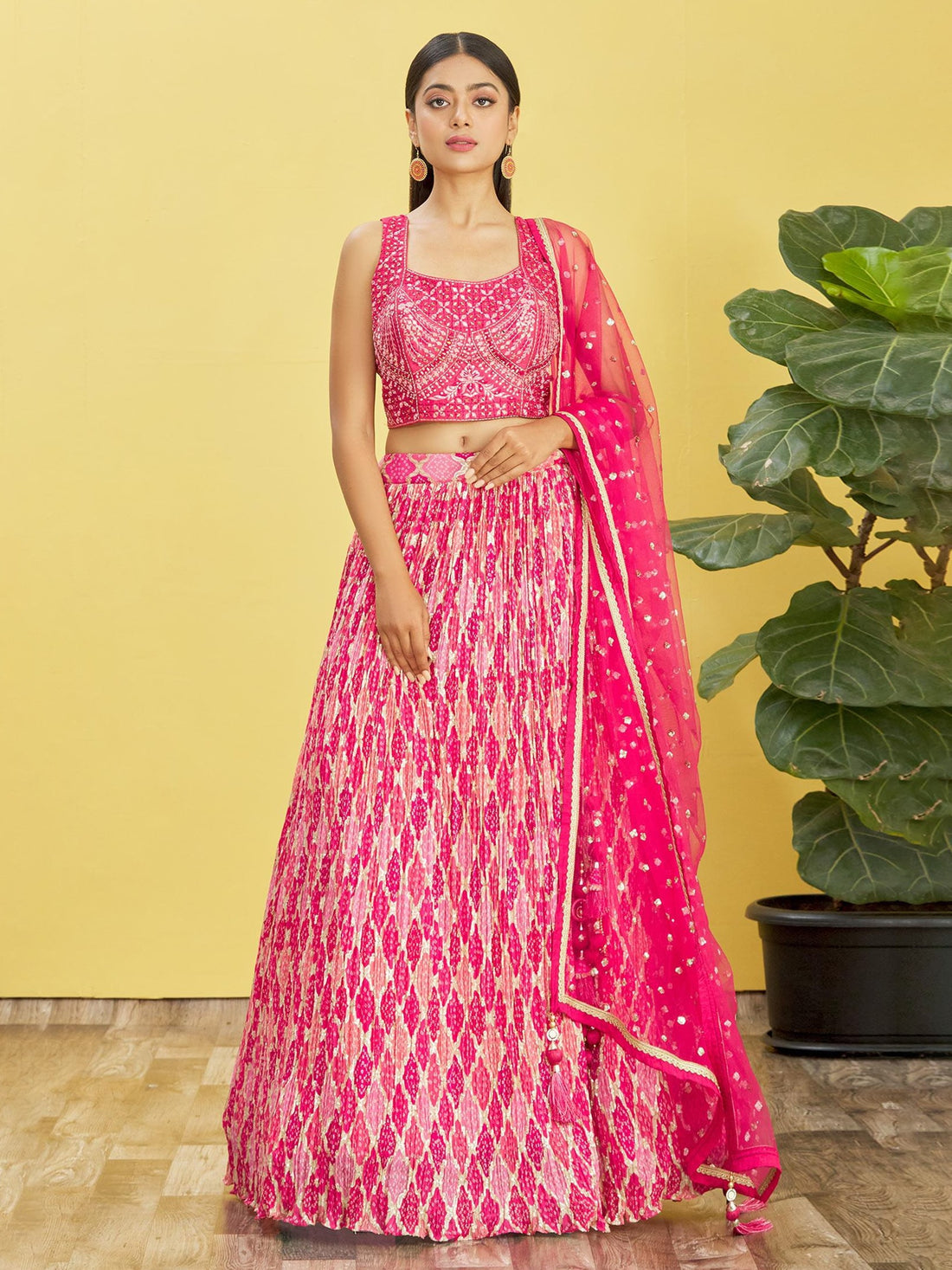 Hot Pink Embroidered Lehenga Choli with Matching Dupatta