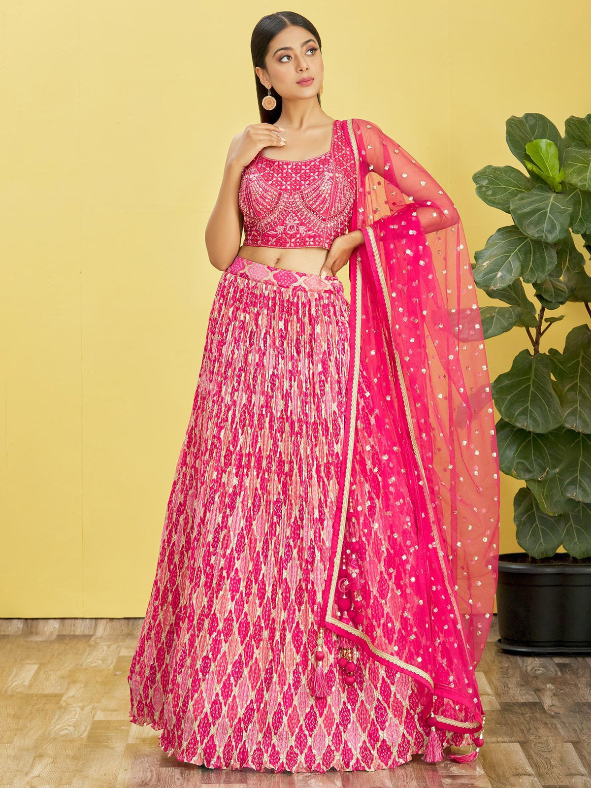 Hot Pink Embroidered Lehenga Choli with Matching Dupatta