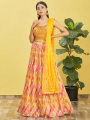 Mustard Yellow & Multicolor Printed Lehenga Choli with Dupatta