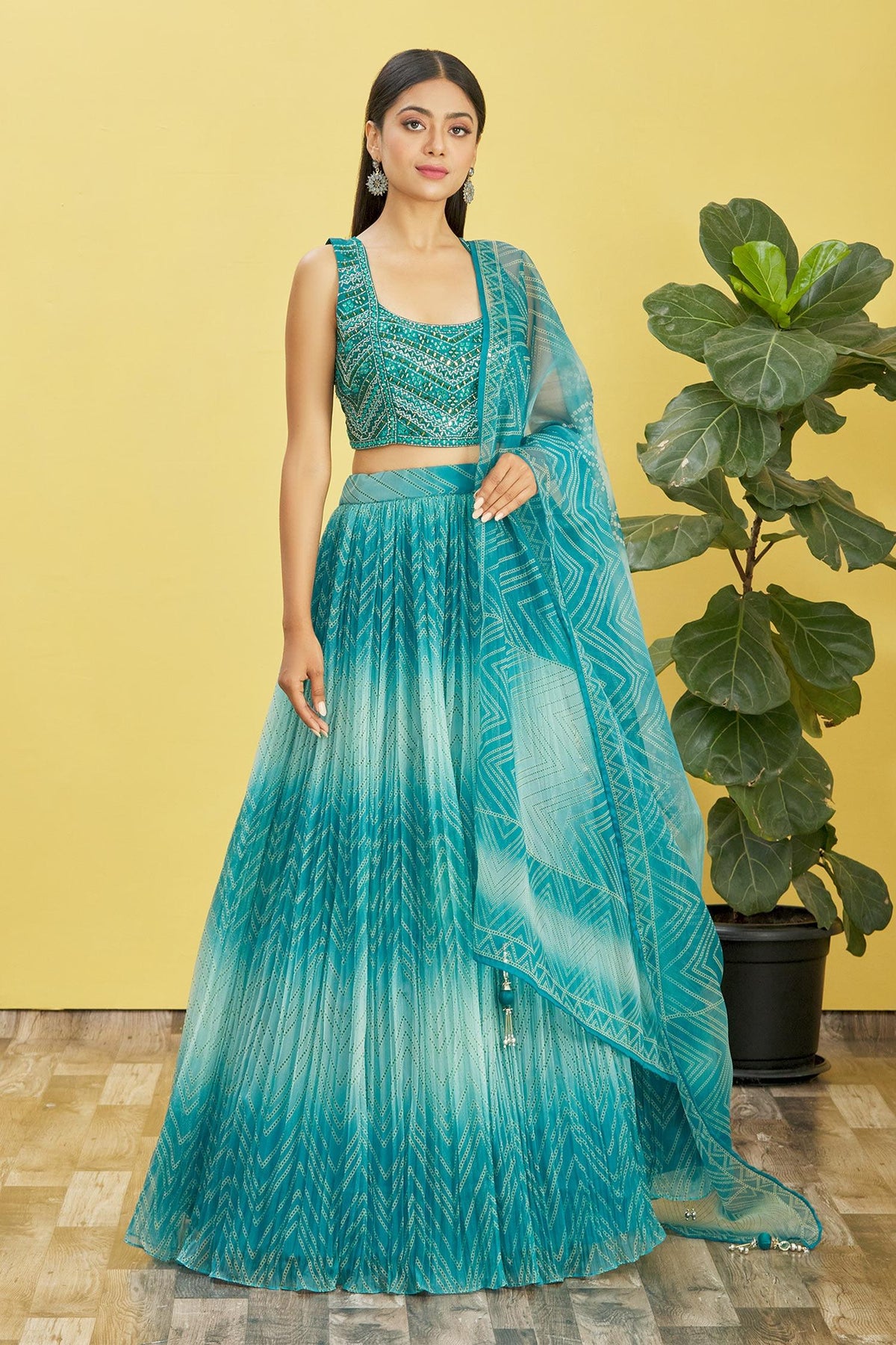Teal Blue Ombre Embroidered Lehenga Choli with Dupatta