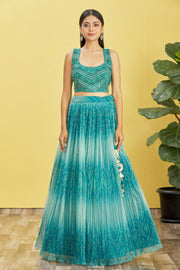 Teal Blue Ombre Embroidered Lehenga Choli with Dupatta