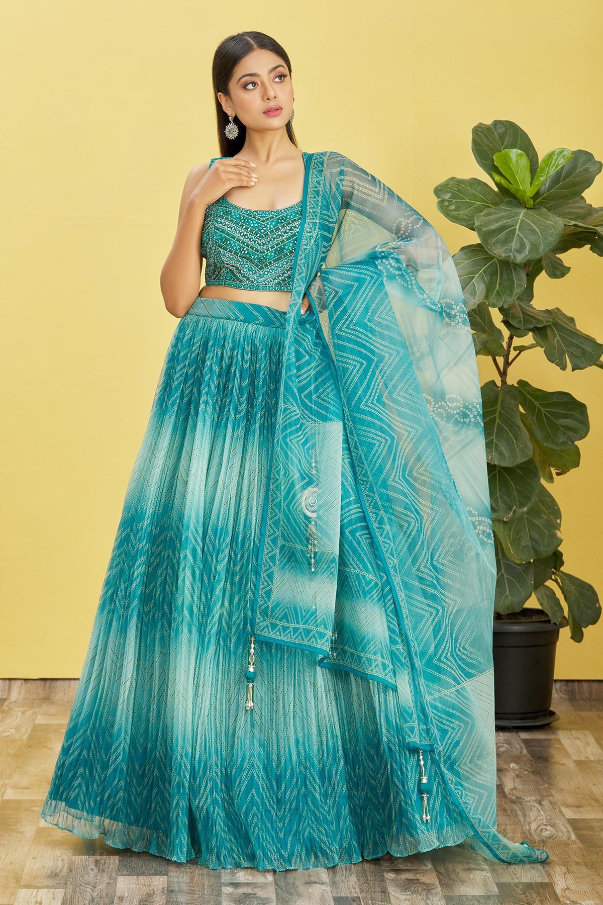 Teal Blue Ombre Embroidered Lehenga Choli with Dupatta
