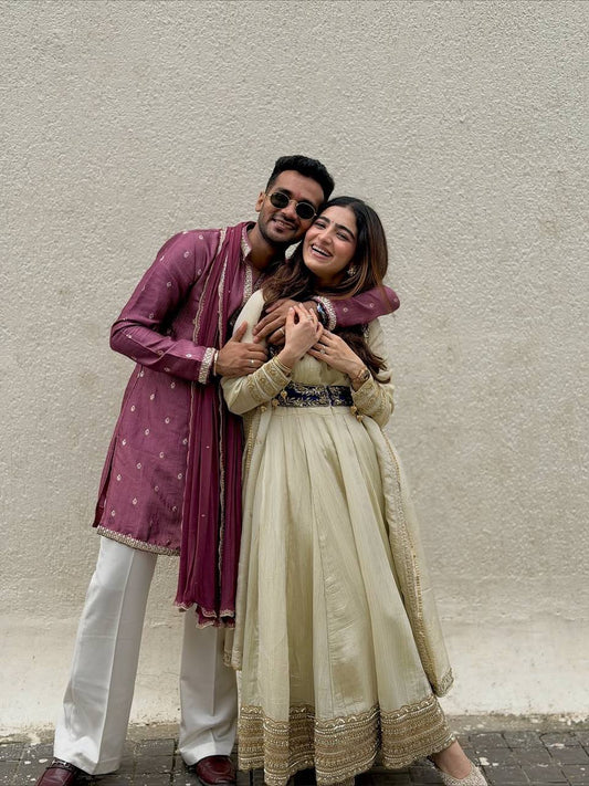 Ivory Chinon Silk Anarkali Pant Set with Embroidered Koti & Dupatta