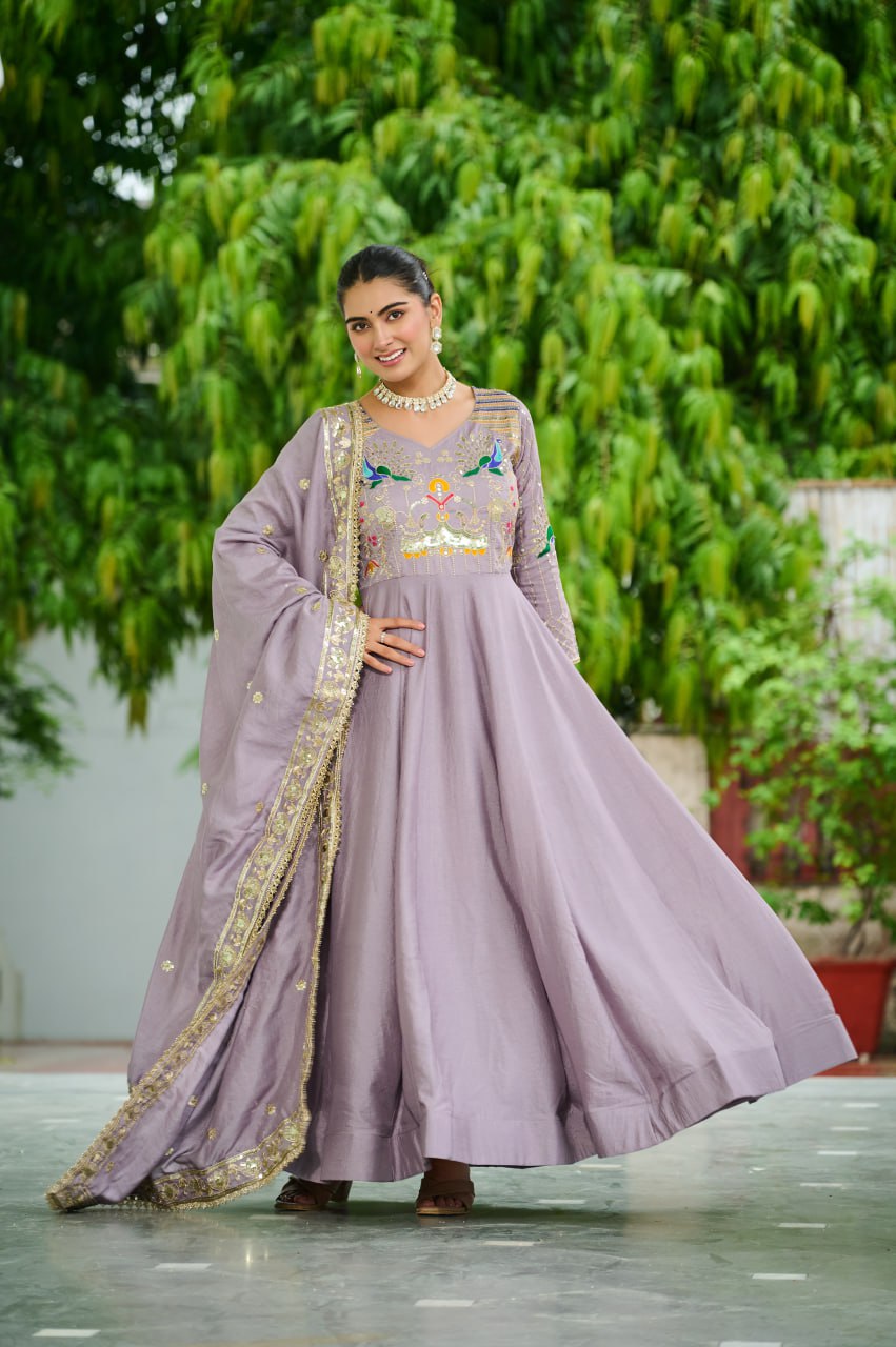 Graceful Sequins & Zari Embroidered Vichitra Silk Gown
