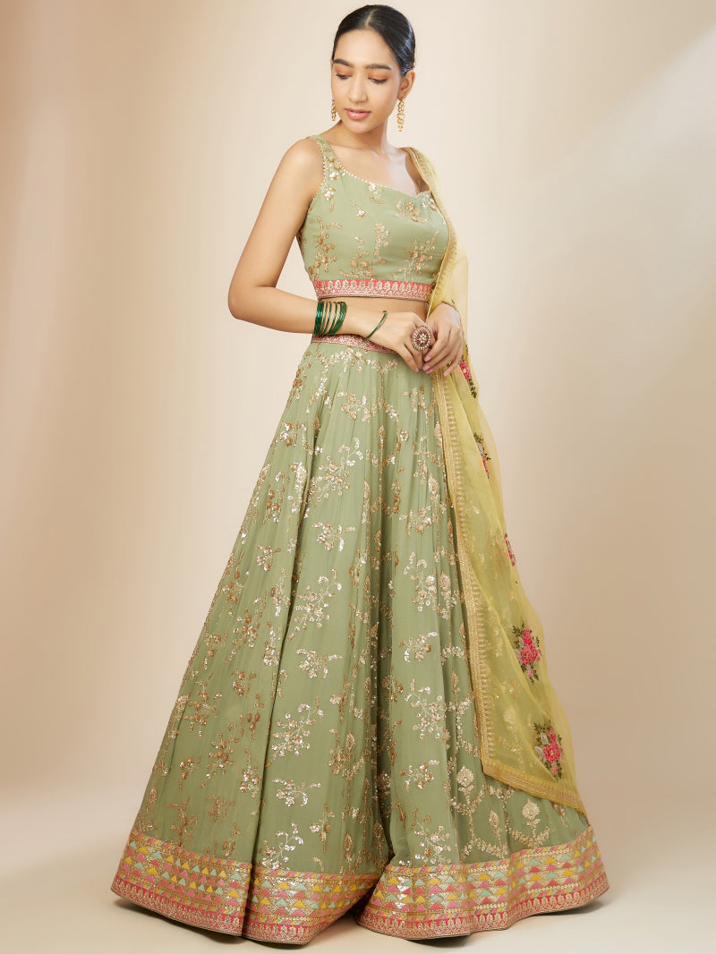 PISTA Green Floral Embroidered Lehenga Choli with Yellow Dupatta