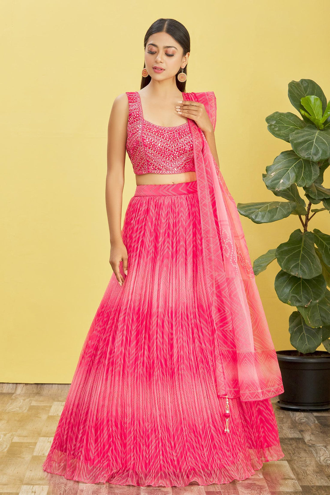 Hot Pink Geometric Embroidered Lehenga Choli with Dupatta