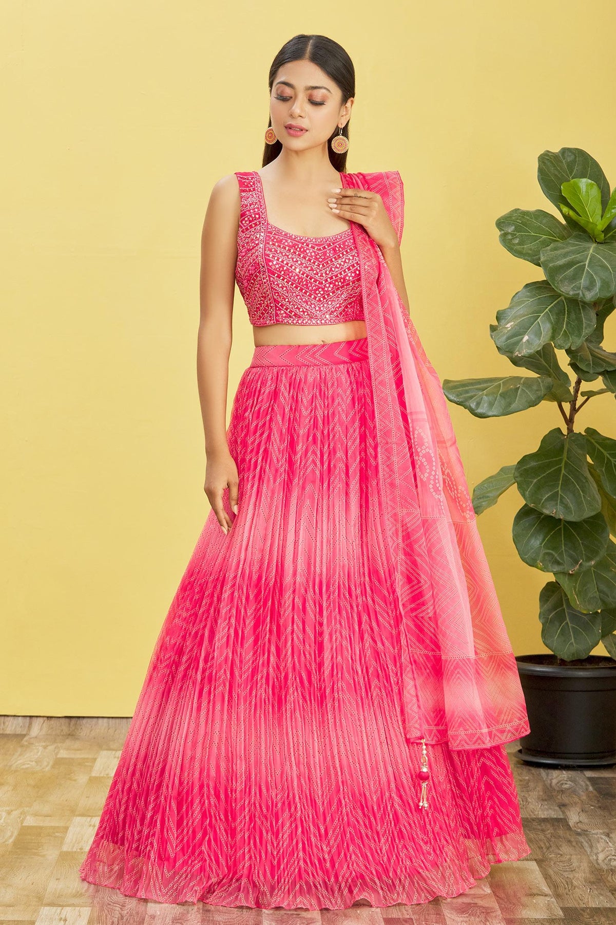 Hot Pink Geometric Embroidered Lehenga Choli with Dupatta