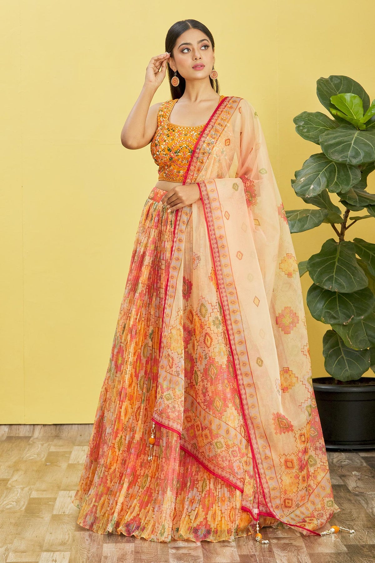 YELLOW Multicolor Printed Lehenga Choli with Embroidered Blouse & Dupatta