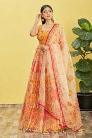 YELLOW Multicolor Printed Lehenga Choli with Embroidered Blouse & Dupatta