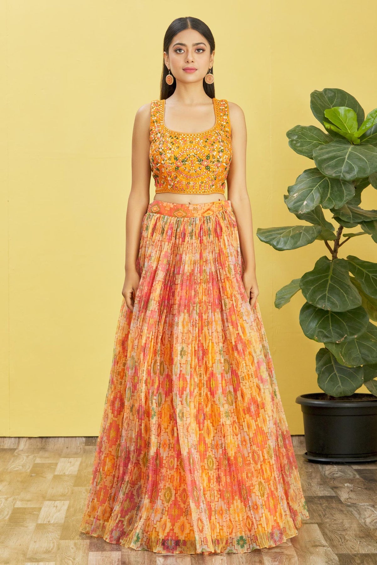 YELLOW Multicolor Printed Lehenga Choli with Embroidered Blouse & Dupatta