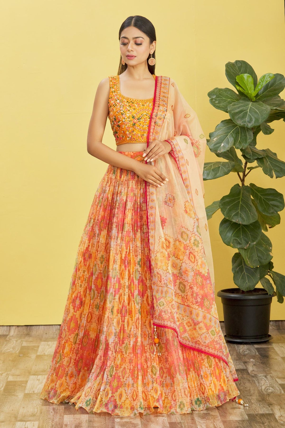 YELLOW Multicolor Printed Lehenga Choli with Embroidered Blouse & Dupatta