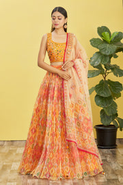 YELLOW Multicolor Printed Lehenga Choli with Embroidered Blouse & Dupatta