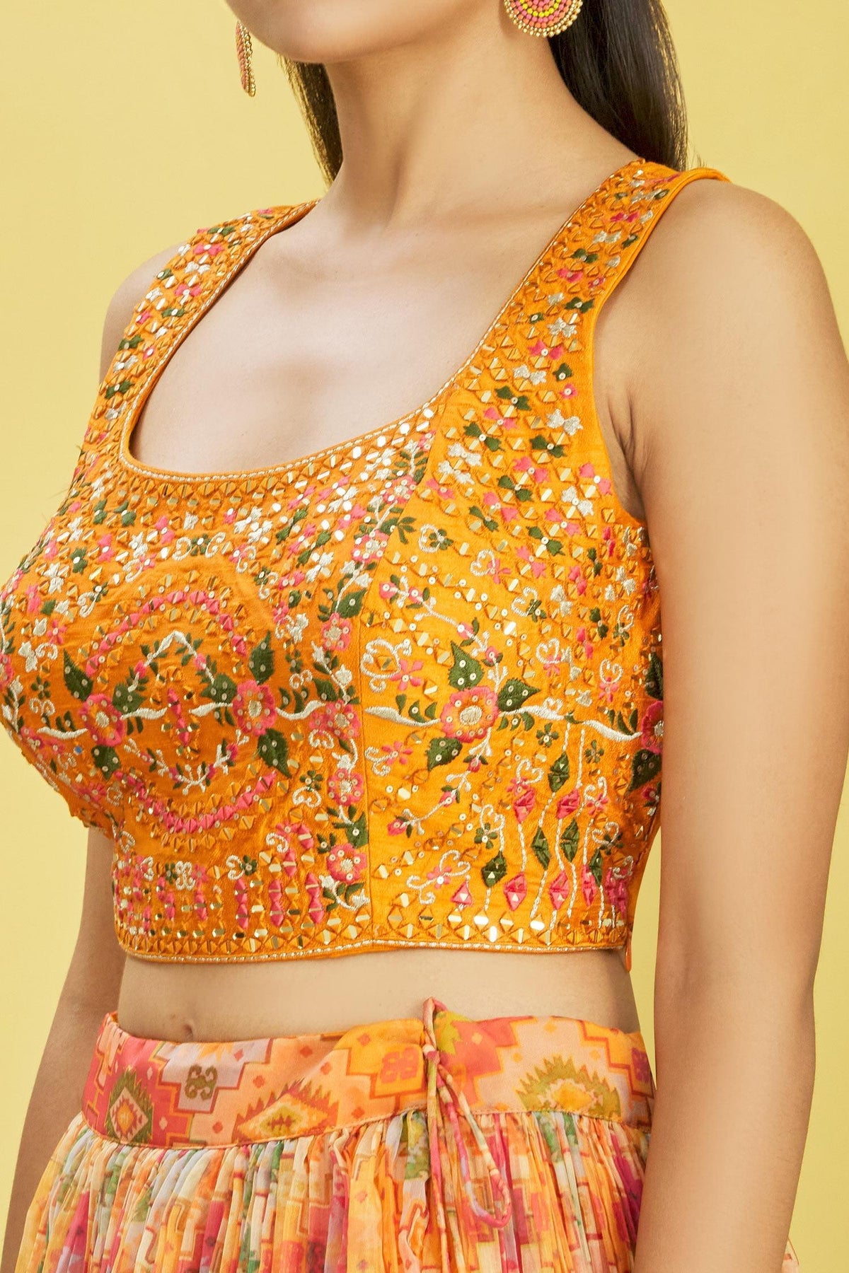 YELLOW Multicolor Printed Lehenga Choli with Embroidered Blouse & Dupatta