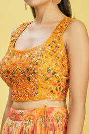 YELLOW Multicolor Printed Lehenga Choli with Embroidered Blouse & Dupatta