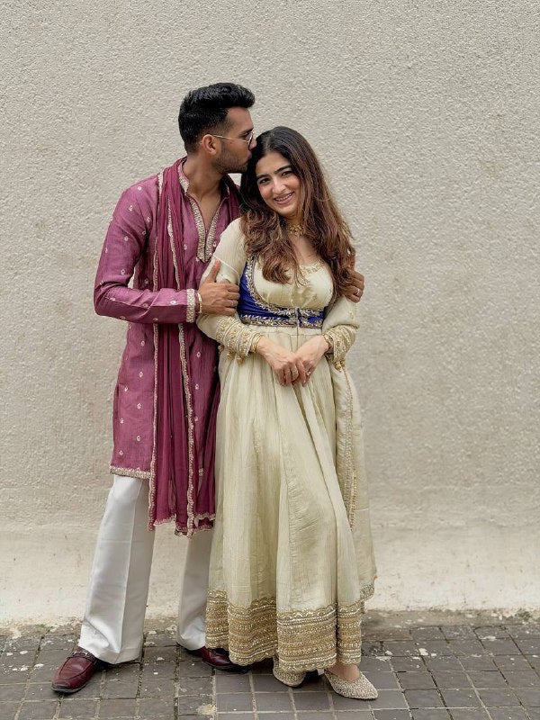 Ivory Chinon Silk Anarkali Pant Set with Embroidered Koti & Dupatta