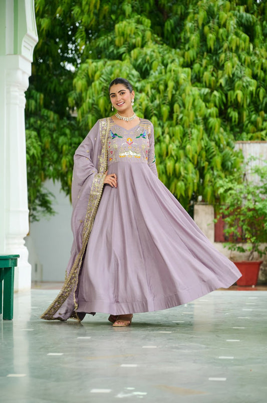 Graceful Sequins & Zari Embroidered Vichitra Silk Gown