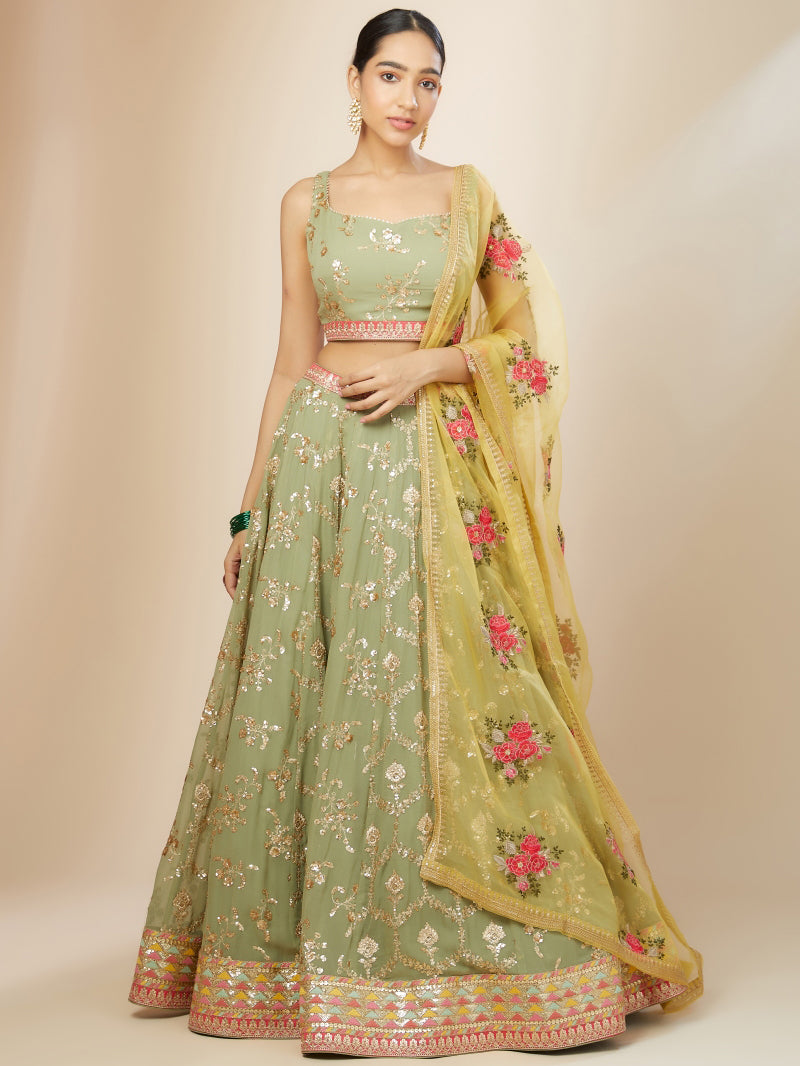 PISTA Green Floral Embroidered Lehenga Choli with Yellow Dupatta