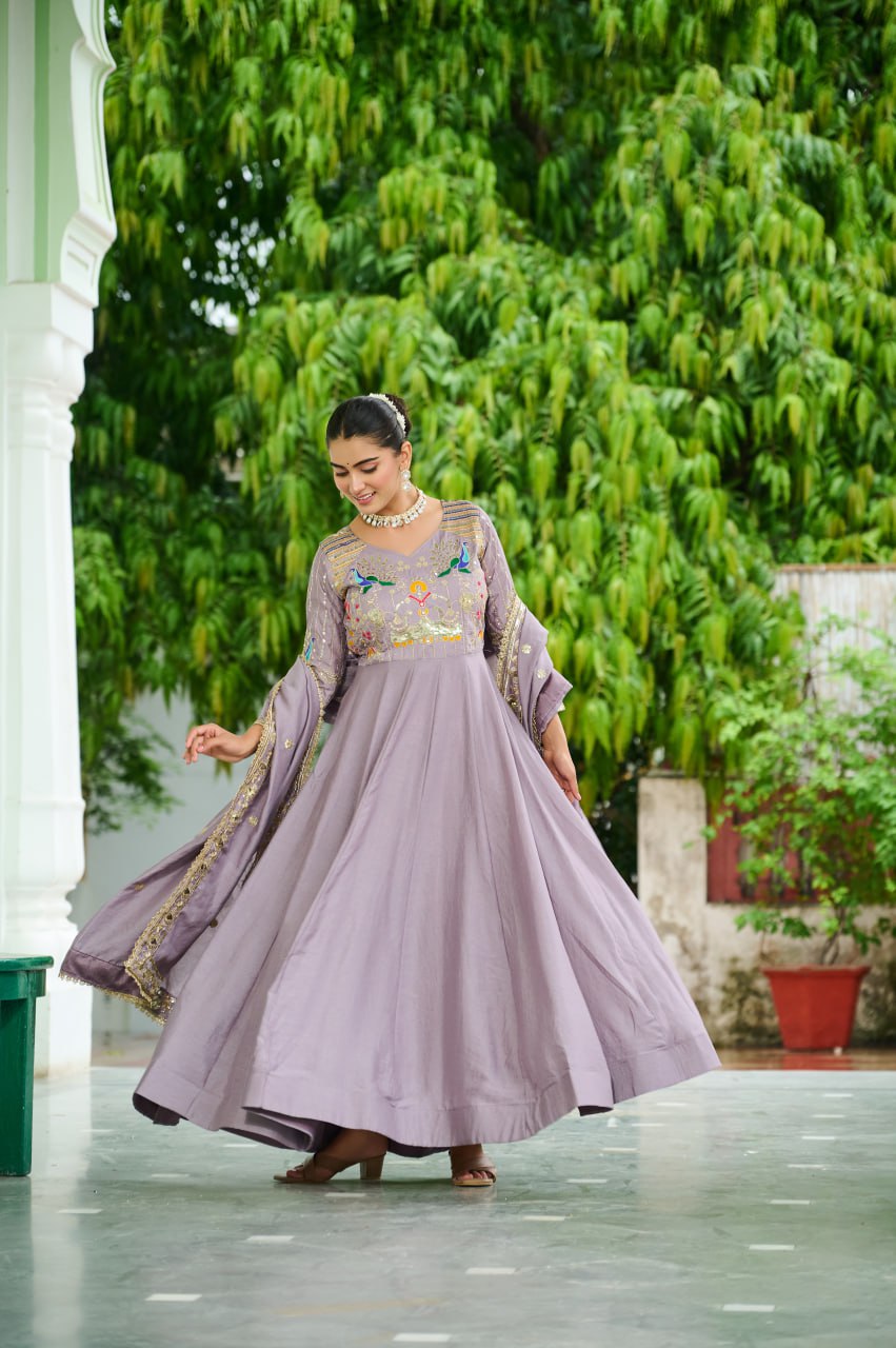 Graceful Sequins & Zari Embroidered Vichitra Silk Gown