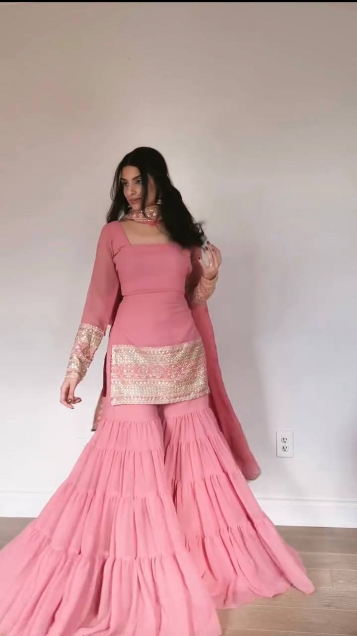 Blush Pink Faux Georgette Sharara Suit Set for Women