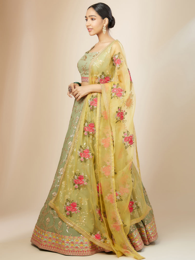 PISTA Green Floral Embroidered Lehenga Choli with Yellow Dupatta