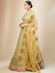 PISTA Green Floral Embroidered Lehenga Choli with Yellow Dupatta