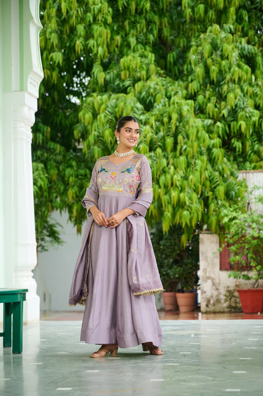 Graceful Sequins & Zari Embroidered Vichitra Silk Gown