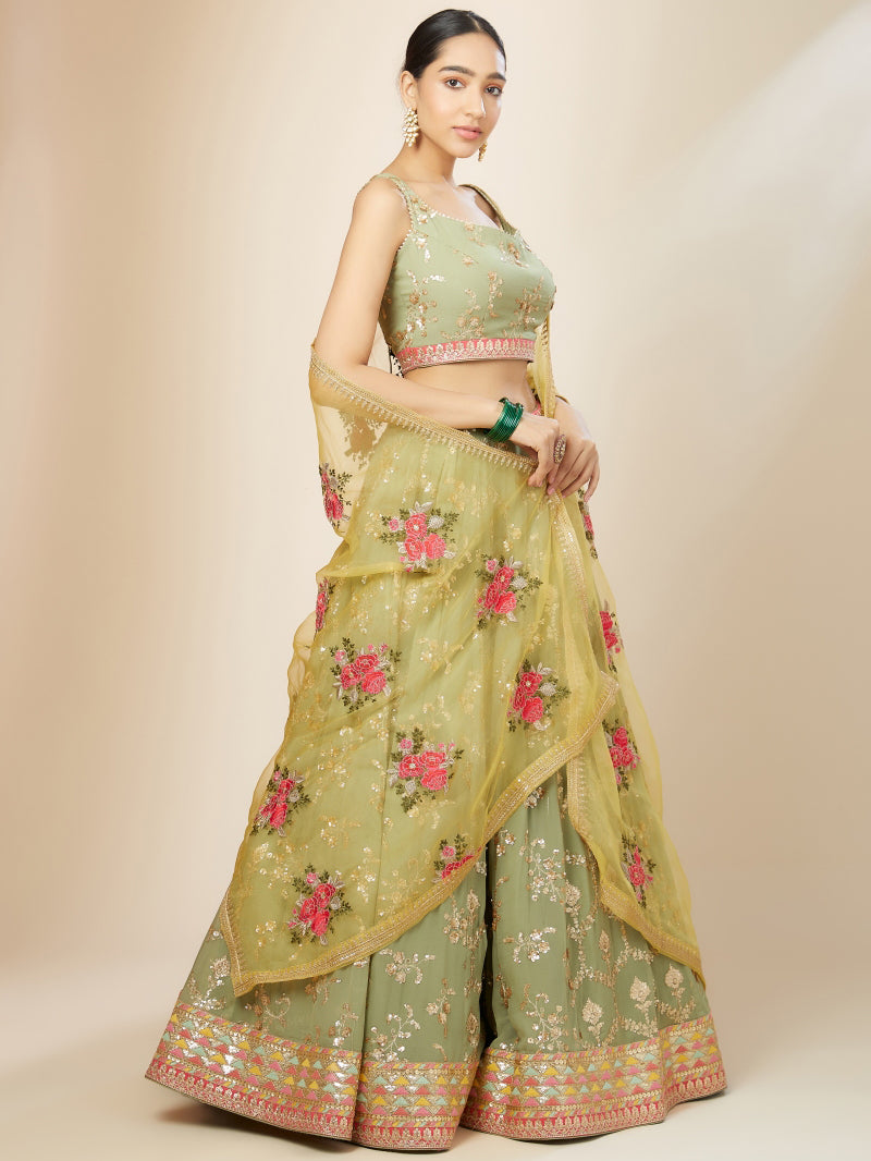 PISTA Green Floral Embroidered Lehenga Choli with Yellow Dupatta