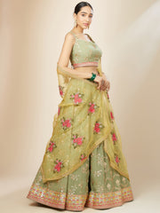 PISTA Green Floral Embroidered Lehenga Choli with Yellow Dupatta