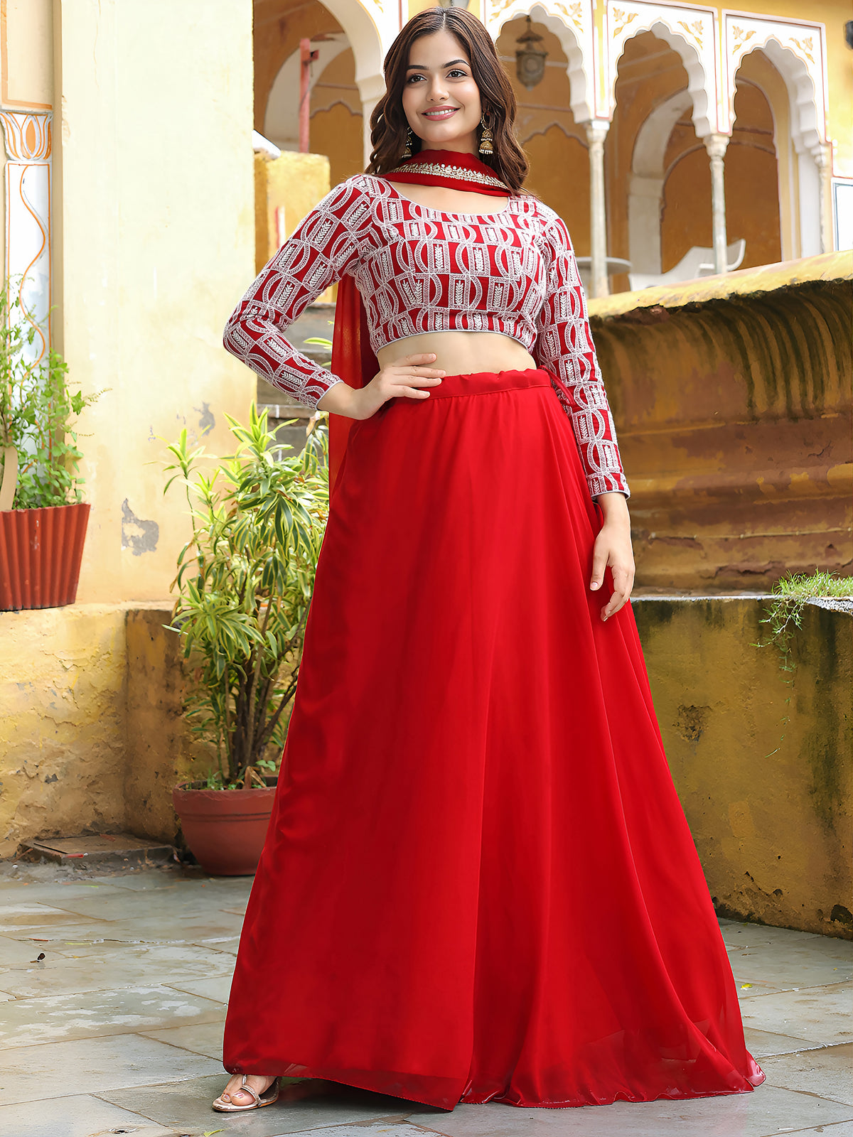 Red Satin Lehenga with White Geometric Embroidered Blouse and Dupatta