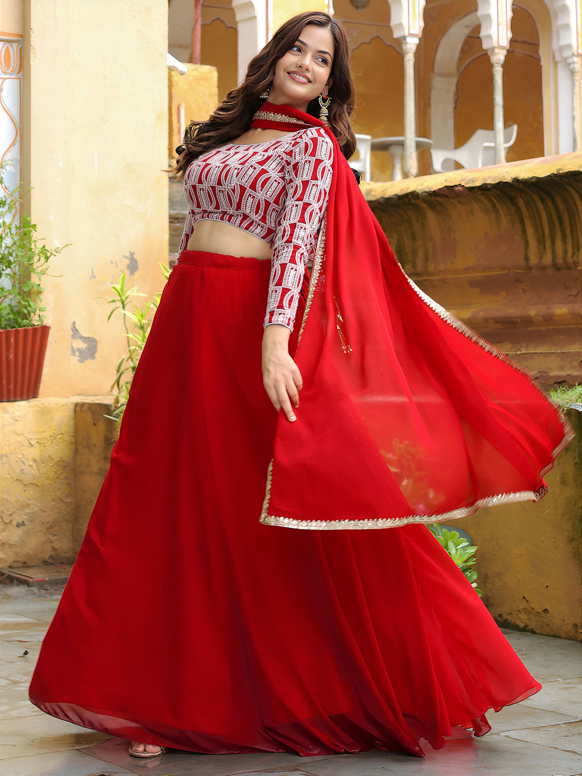 Red Satin Lehenga with White Geometric Embroidered Blouse and Dupatta