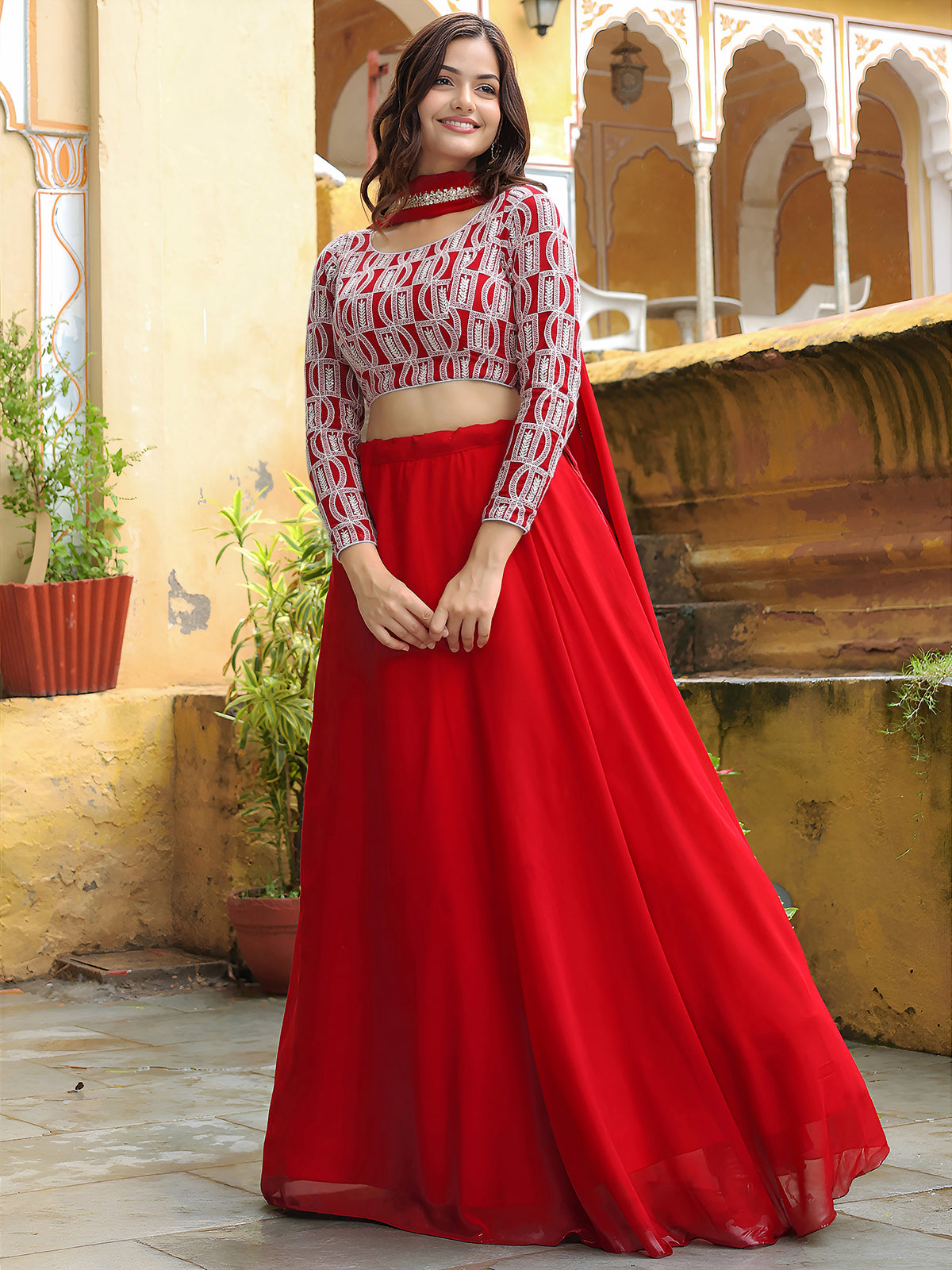 Red Satin Lehenga with White Geometric Embroidered Blouse and Dupatta