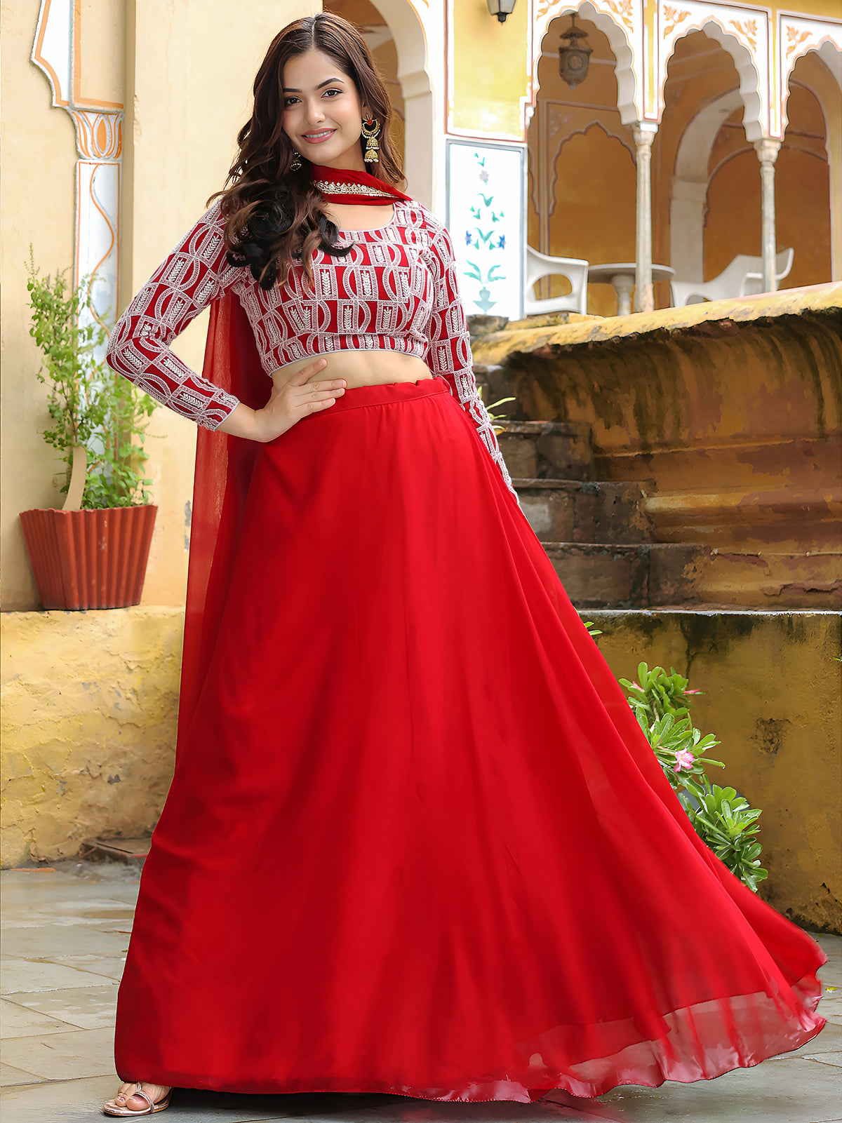Red Satin Lehenga with White Geometric Embroidered Blouse and Dupatta