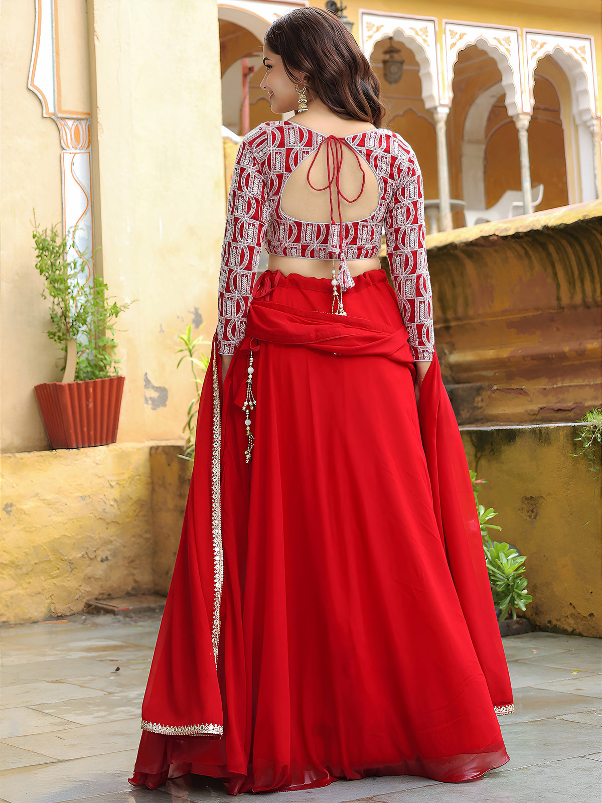 Red Satin Lehenga with White Geometric Embroidered Blouse and Dupatta