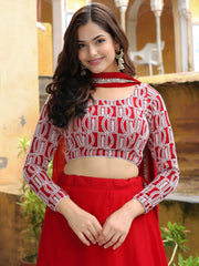 Red Satin Lehenga with White Geometric Embroidered Blouse and Dupatta