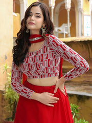 Red Satin Lehenga with White Geometric Embroidered Blouse and Dupatta