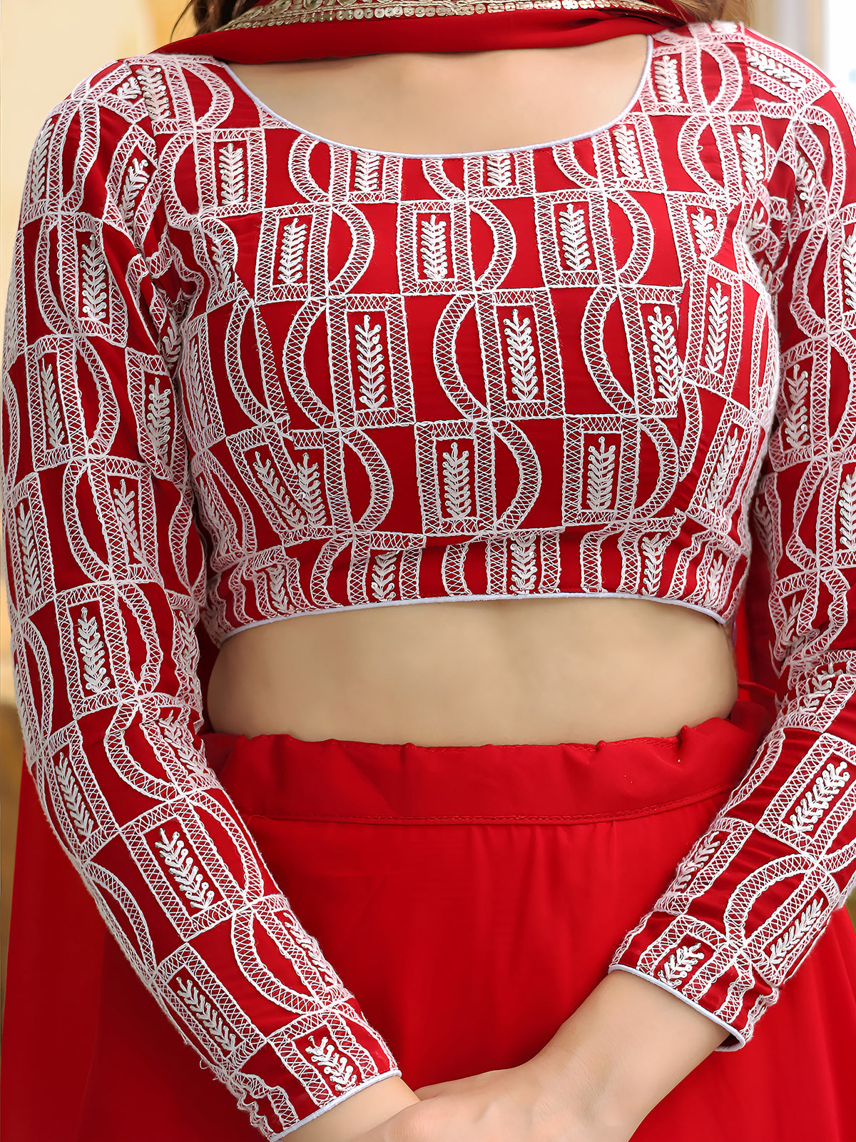 Red Satin Lehenga with White Geometric Embroidered Blouse and Dupatta