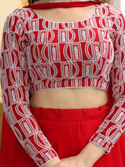 Red Satin Lehenga with White Geometric Embroidered Blouse and Dupatta