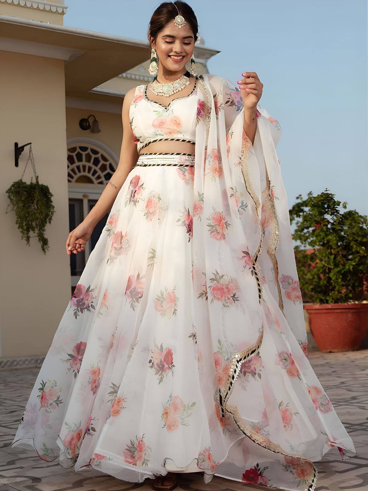 White Floral Printed Lehenga Choli with Dupatta