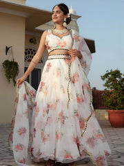 White Floral Printed Lehenga Choli with Dupatta