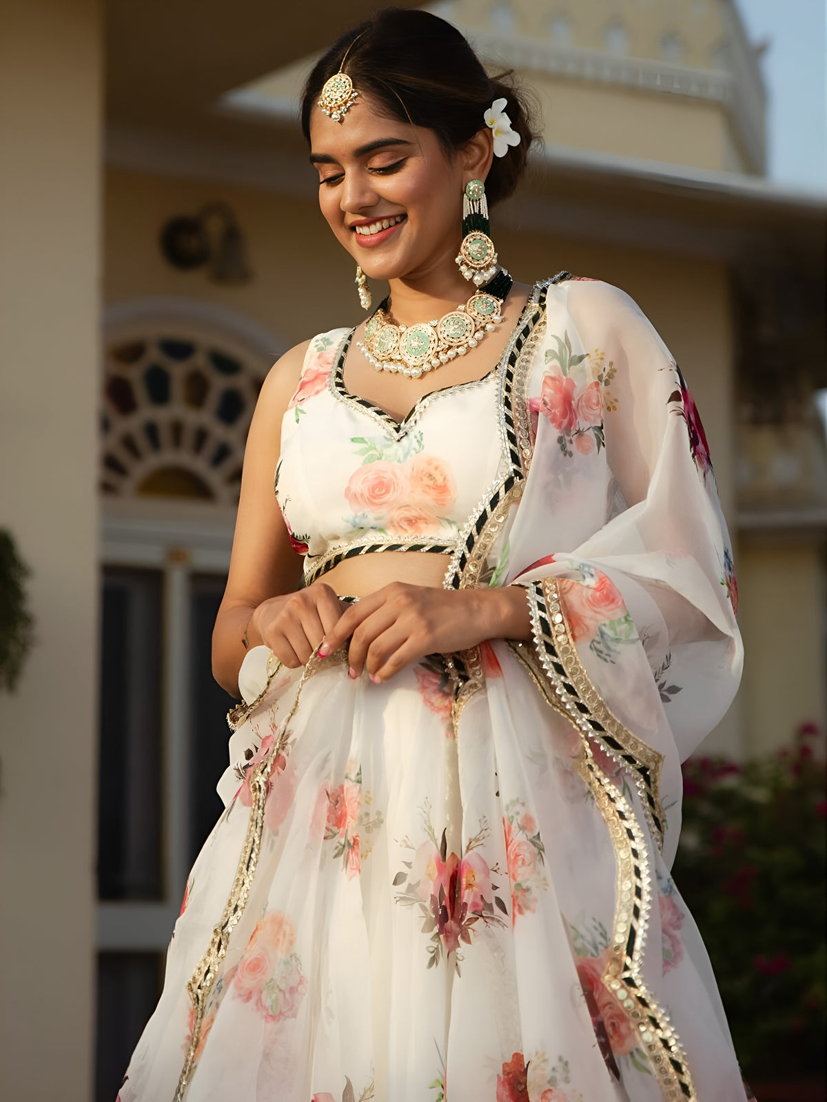White Floral Printed Lehenga Choli with Dupatta