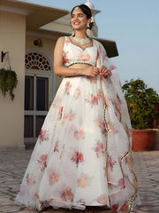 White Floral Printed Lehenga Choli with Dupatta