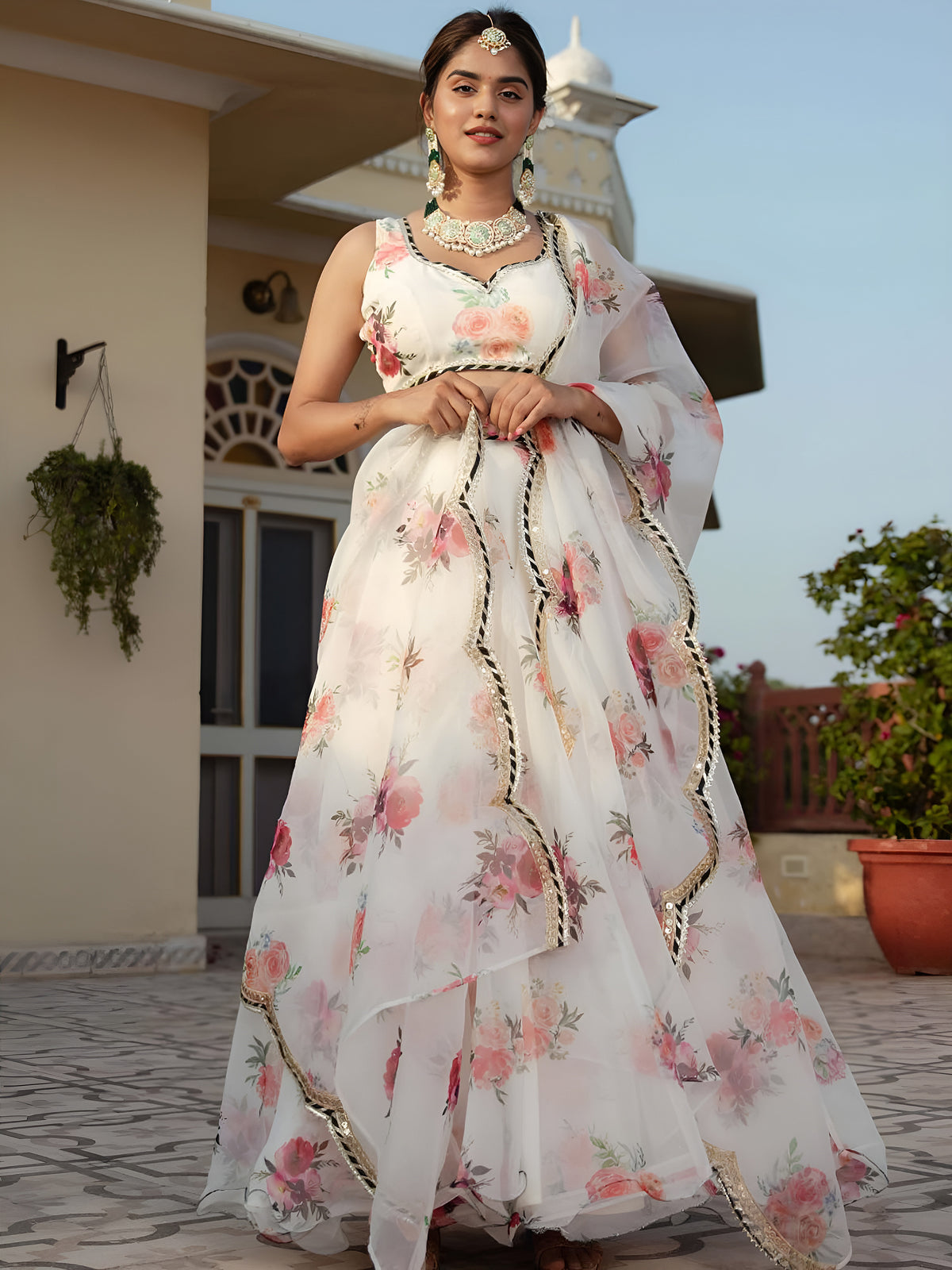 White Floral Printed Lehenga Choli with Dupatta