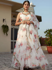 White Floral Printed Lehenga Choli with Dupatta