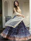 Navy Blue Floral Printed Lehenga Choli with Dupatta